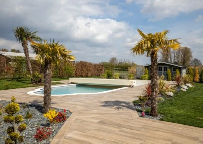 Chez-Charlotte-et-Pierre-3 Jardin avec piscine entourée de palmiers, terrasse en bois et cabanon en arrière-plan sous un ciel nuageux.
